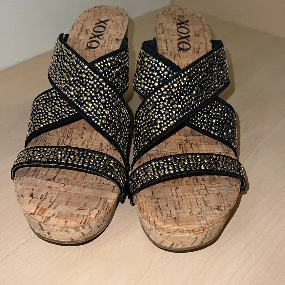 XOXO Black Gold Stud Strap Cork Wedge Slide Sandals NWOT